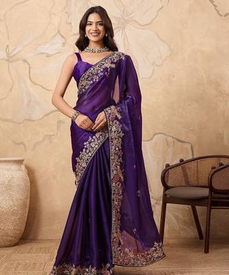 Purple embroidered saree with blouse piece 1