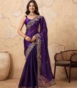 Purple embroidered saree with blouse piece