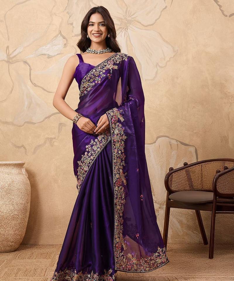 Purple embroidered saree with blouse piece