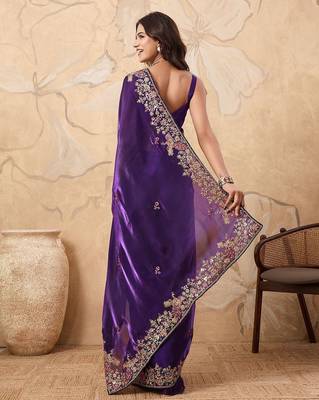 Purple embroidered saree with blouse piece 3