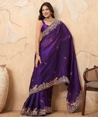 Purple embroidered saree with blouse piece 4