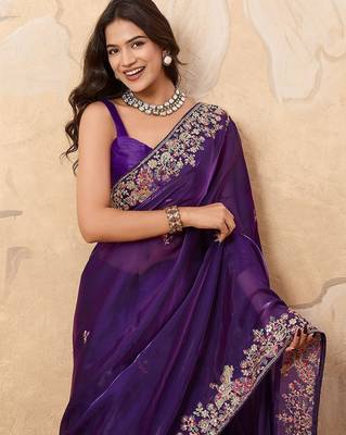 Purple embroidered saree with blouse piece 5