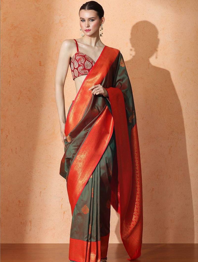Green woven design saree with blouse