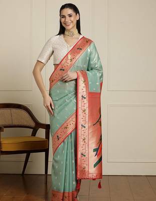 Green paithani woven design saree with blouse 1
