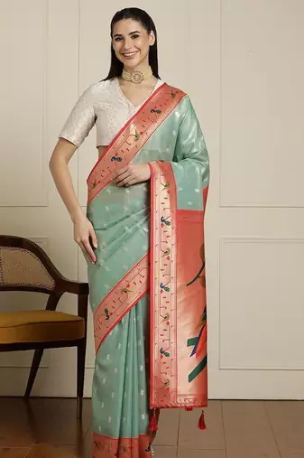 Green paithani woven design saree with blouse