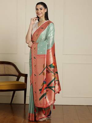 Green paithani woven design saree with blouse 2