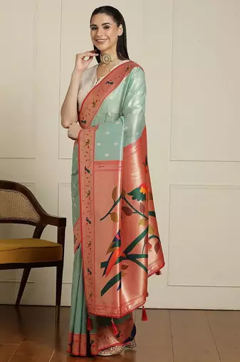 Green paithani woven design saree with blouse