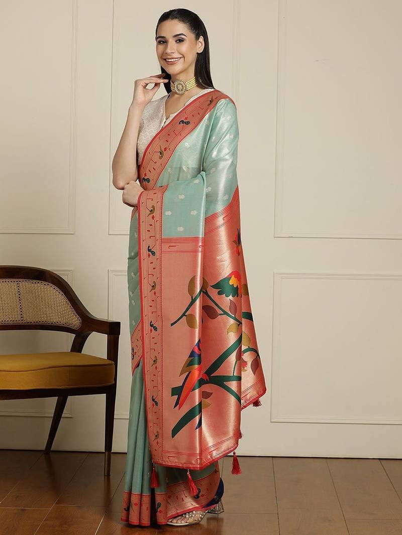 Green paithani woven design saree with blouse