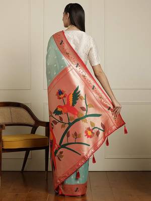 Green paithani woven design saree with blouse 3