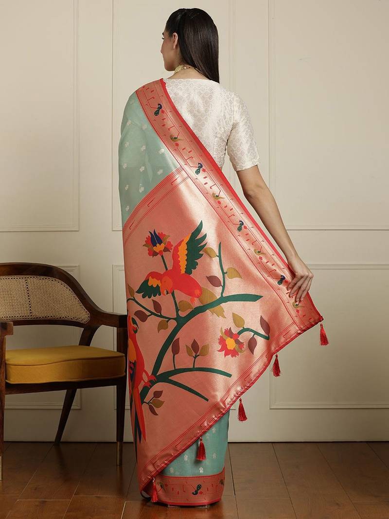 Green paithani woven design saree with blouse