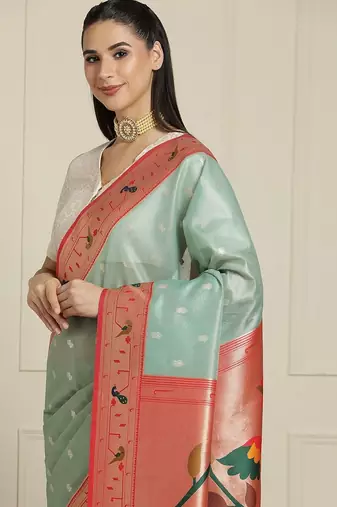Green paithani woven design saree with blouse