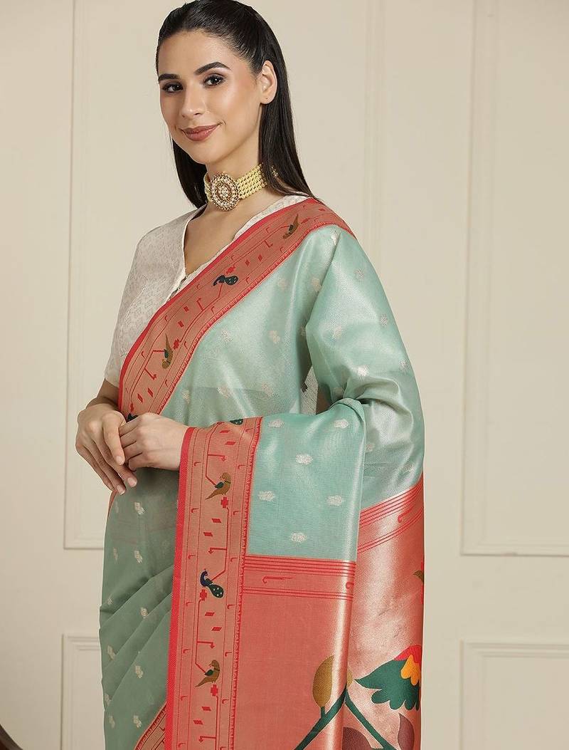 Green paithani woven design saree with blouse