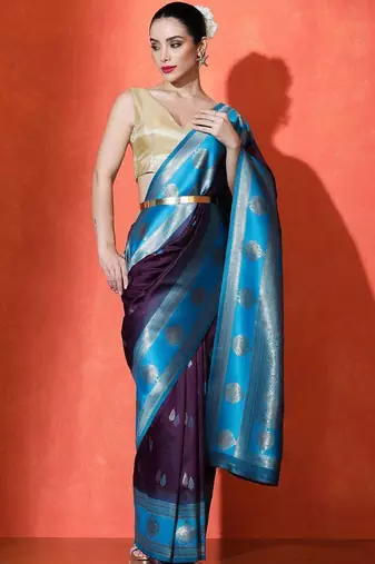 Blue woven design banarasi sarees with blouse piece