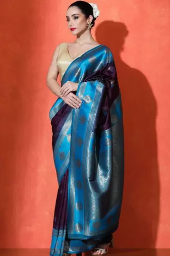 Blue woven design banarasi sarees with blouse piece