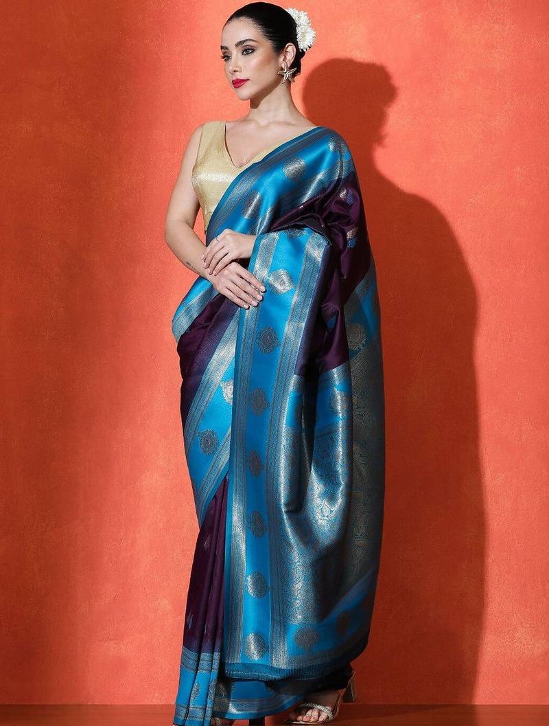 Blue woven design banarasi sarees with blouse piece