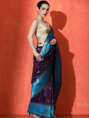 Blue woven design banarasi sarees with blouse piece 3