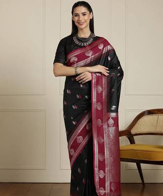 Black women woven design zari banarasi saree with unstitched blouse 1