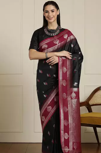 Black women woven design zari banarasi saree with unstitched blouse