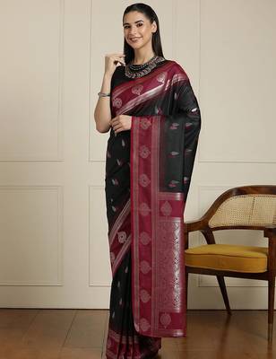 Black women woven design zari banarasi saree with unstitched blouse 2