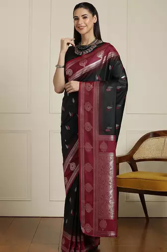 Black women woven design zari banarasi saree with unstitched blouse