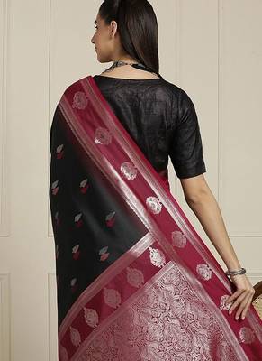 Black women woven design zari banarasi saree with unstitched blouse 3