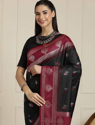 Black women woven design zari banarasi saree with unstitched blouse 4
