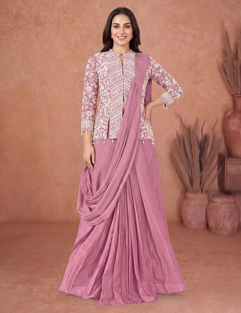 Purple ready to wear jacket style saree