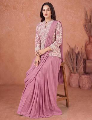 Purple ready to wear jacket style saree 5