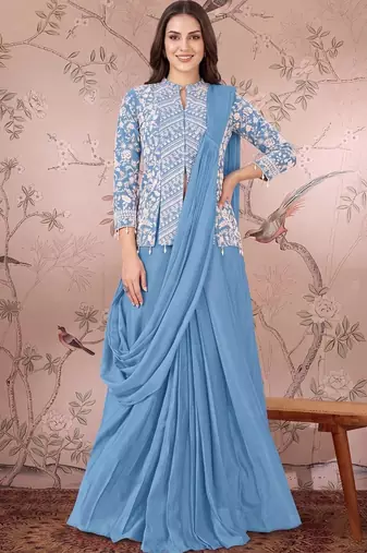 Blue ready to wear jacket style saree