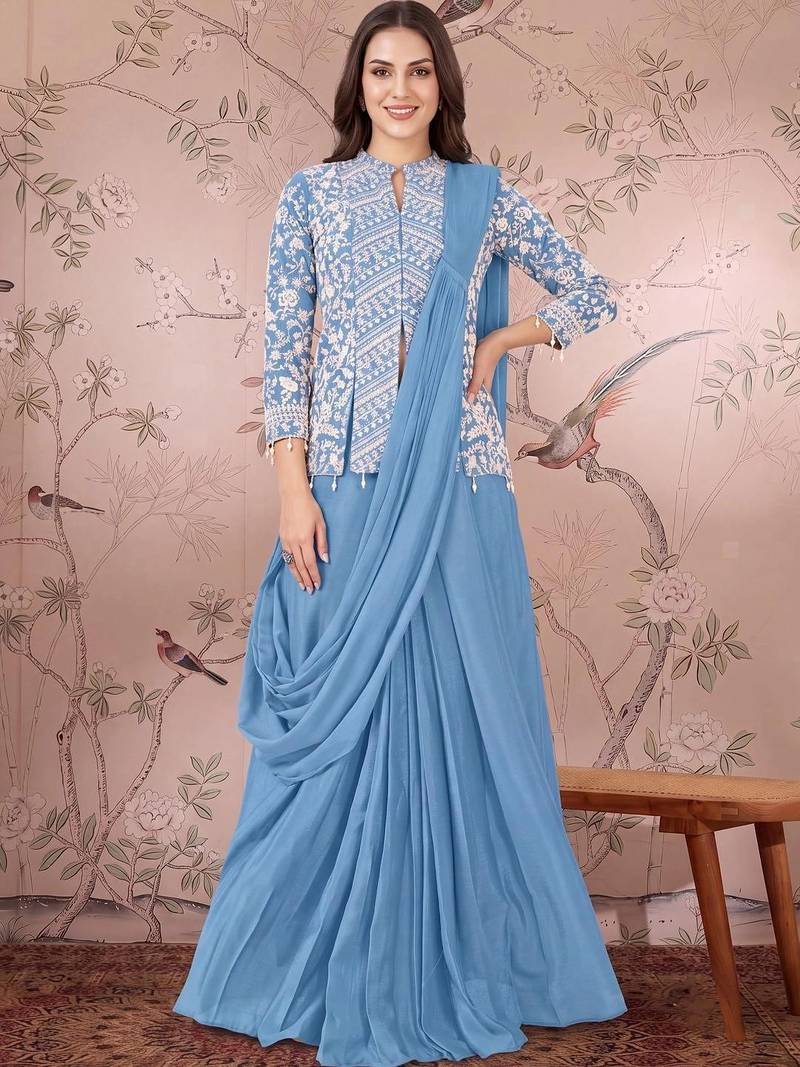 Blue ready to wear jacket style saree