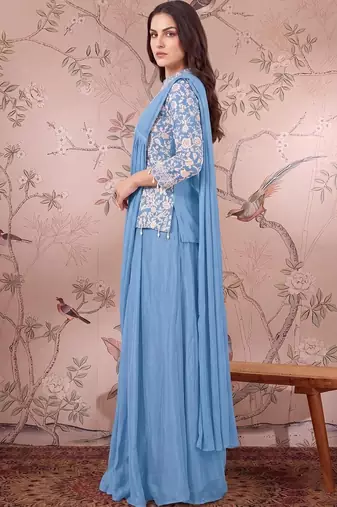 Blue ready to wear jacket style saree