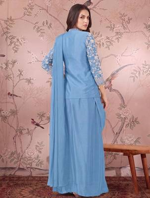 Blue ready to wear jacket style saree 3