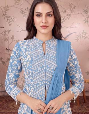 Blue ready to wear jacket style saree 4
