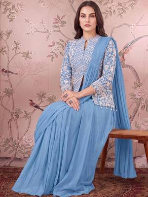 Blue ready to wear jacket style saree 5