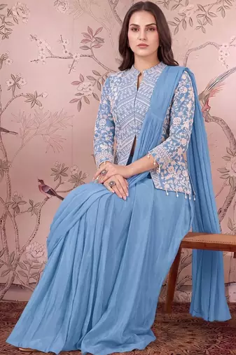 Blue ready to wear jacket style saree
