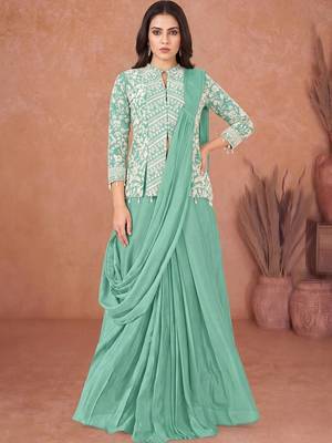 Sea green ready to wear jacket style saree 1