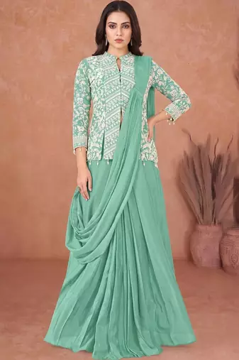 Sea green ready to wear jacket style saree