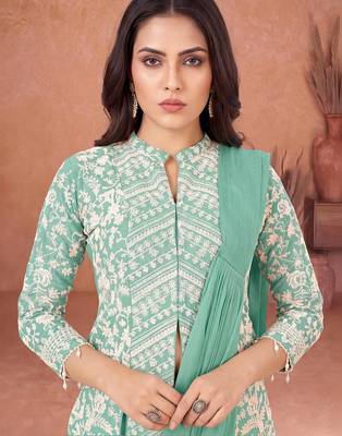 Sea green ready to wear jacket style saree 4