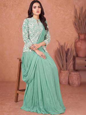 Sea green ready to wear jacket style saree 5