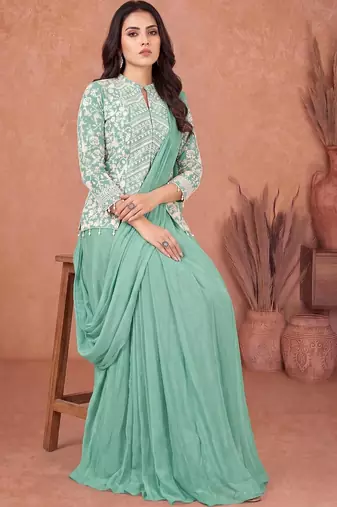 Sea green ready to wear jacket style saree