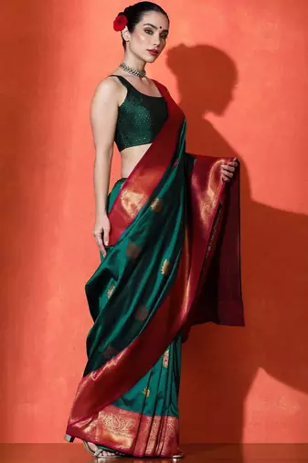 Green sangria woven design paithani saree with unstitched blouse