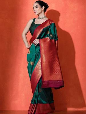 Green sangria woven design paithani saree with unstitched blouse 2