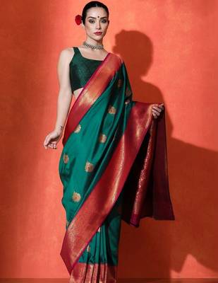 Green sangria woven design paithani saree with unstitched blouse 3