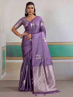 Lavender ethnic motifs woven design zari satin banarasi saree 1