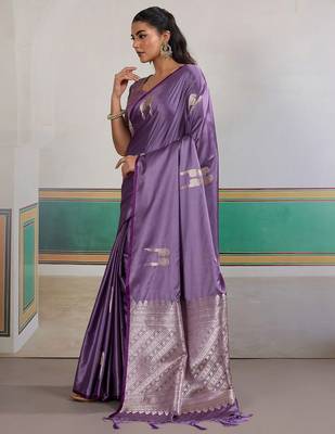 Lavender ethnic motifs woven design zari satin banarasi saree 2