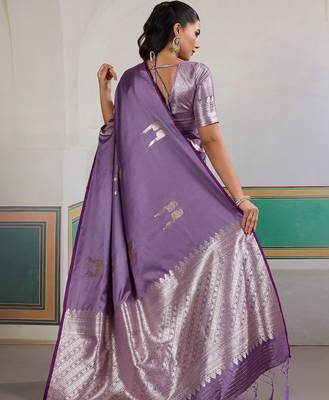 Lavender ethnic motifs woven design zari satin banarasi saree 3