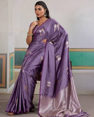 Lavender ethnic motifs woven design zari satin banarasi saree 4
