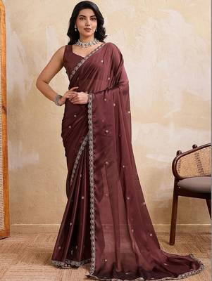 Coffee embroidered angara saree with unstitched blouse 1
