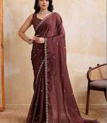 Coffee embroidered angara saree with unstitched blouse