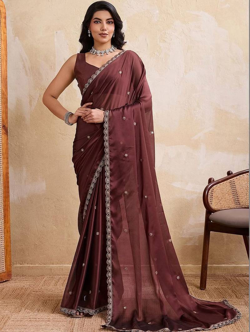 Coffee embroidered angara saree with unstitched blouse